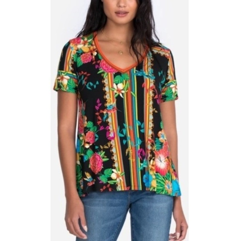 Johnny Was Andra Favorite V Neck Swing Short Sleeve Floral Tee Top Multi Small